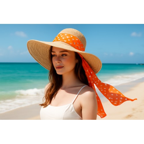 Wide Brim Straw Hat w/ Polka Dot Chiffon Ribbon - Orange -HT-SHT2412OG